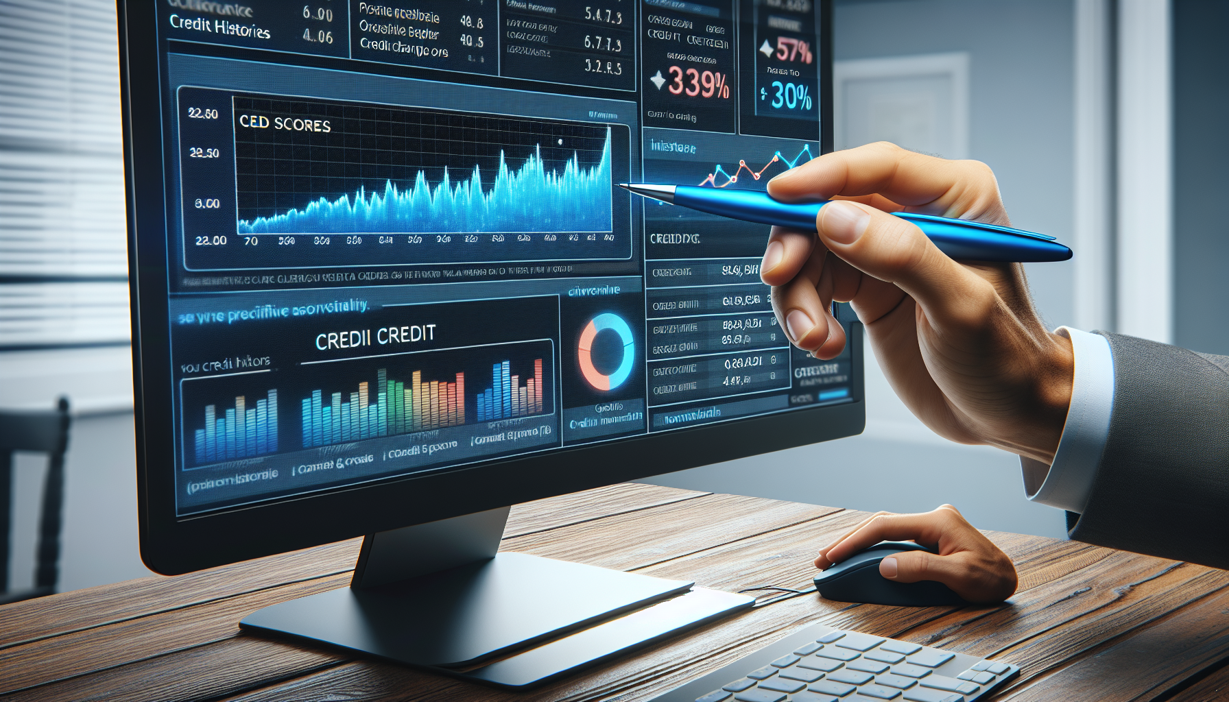 Person using a pen to point at a graph on a computer monitor displaying various charts and data analysis on credit scores, financial statistics, and post-bankruptcy homeownership trends.