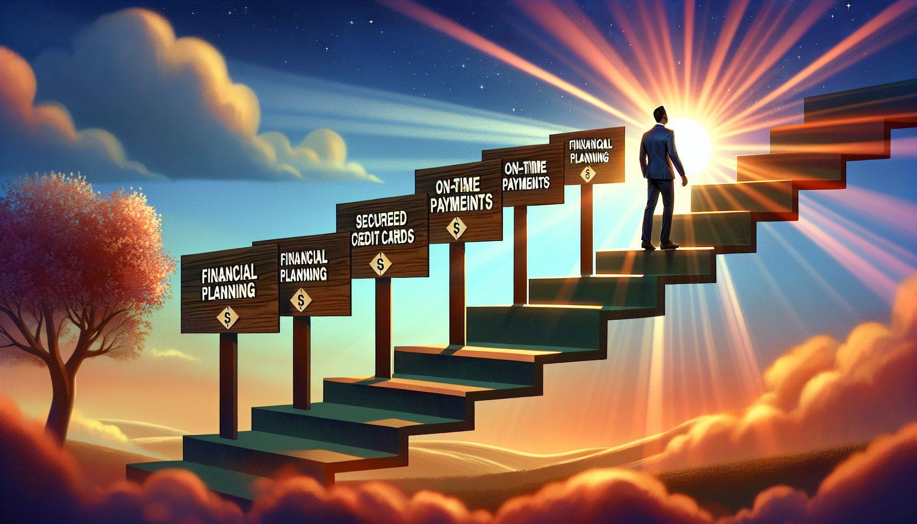 A person climbs stairs labeled with steps for financial success such as financial planning, secured credit cards, and on-time payments, aware of Chapter 7 bankruptcy risks, leading to a bright light at the top.