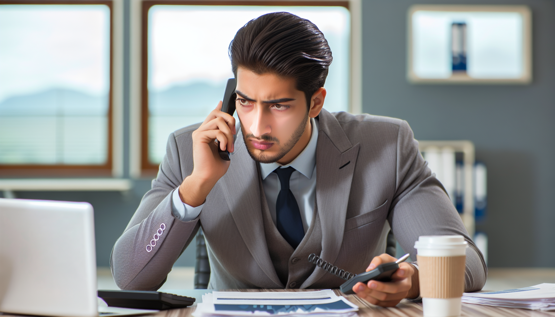 A man in a suit is sitting at a desk, talking on the phone while holding a pen. He is looking at a laptop screen with a serious expression, likely discussing legal defense strategies. A cup of coffee and some documents related to Midland Credit Management lawsuit are on the desk.
