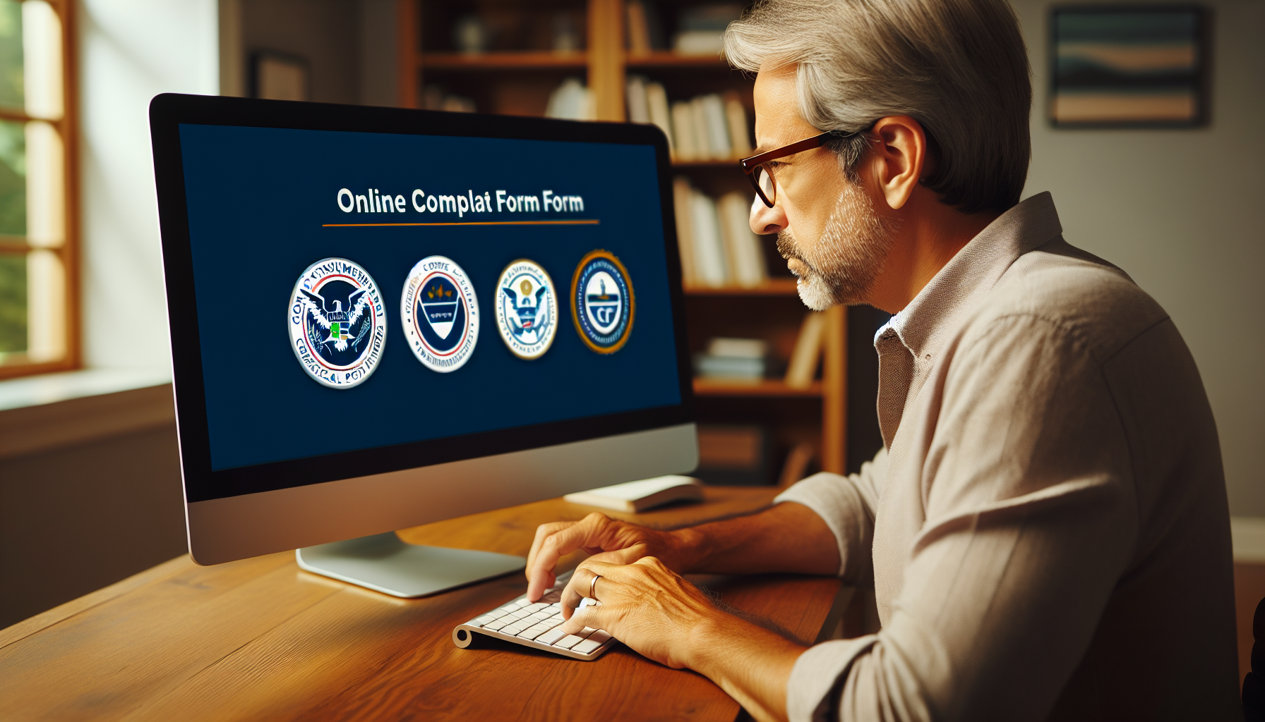 A man using a desktop computer is filling out an online complaint form displayed on the screen, featuring logos of official government agencies, as he navigates Fair Debt Collection Practices guidelines.