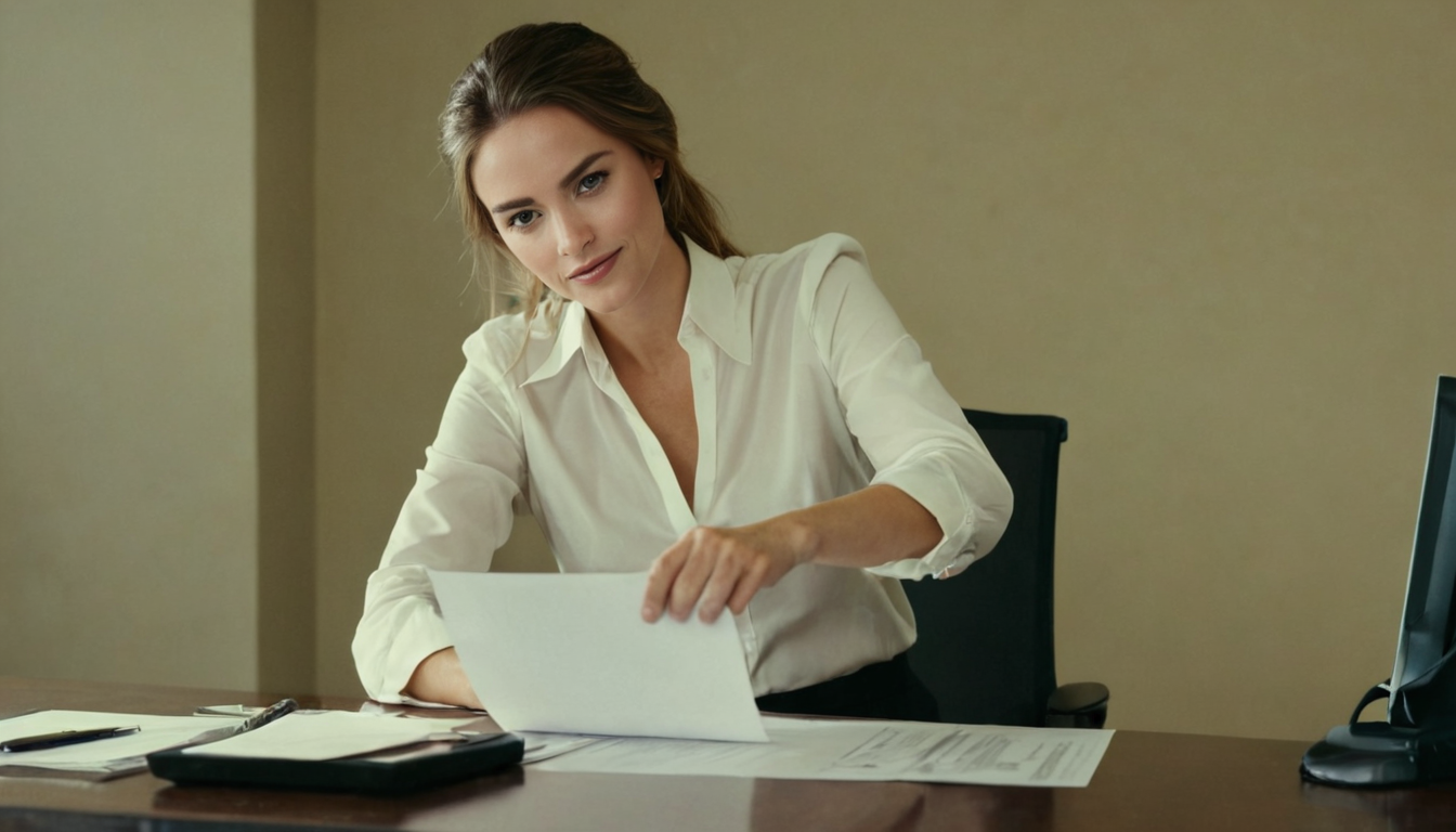 A woman in a white blouse sits at a desk, reviewing papers with a focused expression. A tablet, documents, and a computer monitor from Radius Global Solutions are also visible on the desk, reflecting her dedication to the financial services industry.