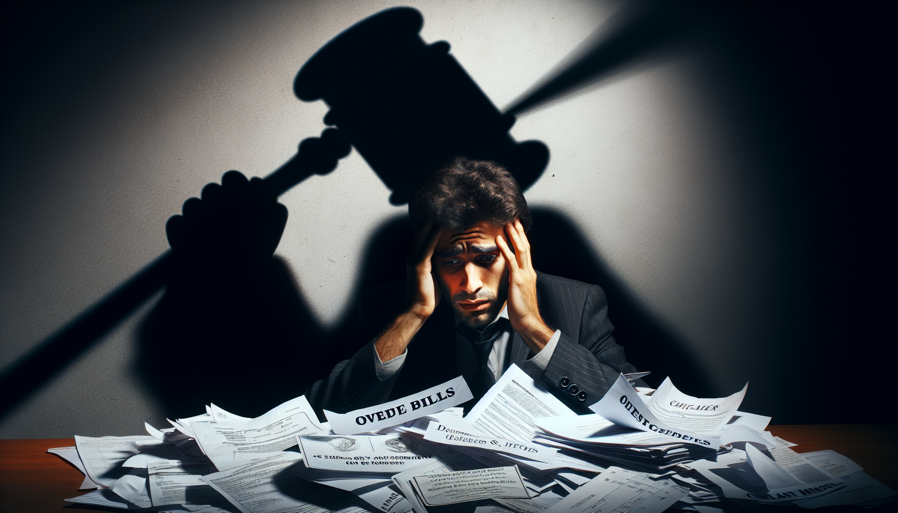 A man in a suit sits overwhelmed at a desk covered in overdue bills and legal documents. A large shadow of a gavel looms over him, symbolizing the relentless debt recovery process and mounting financial pressure.