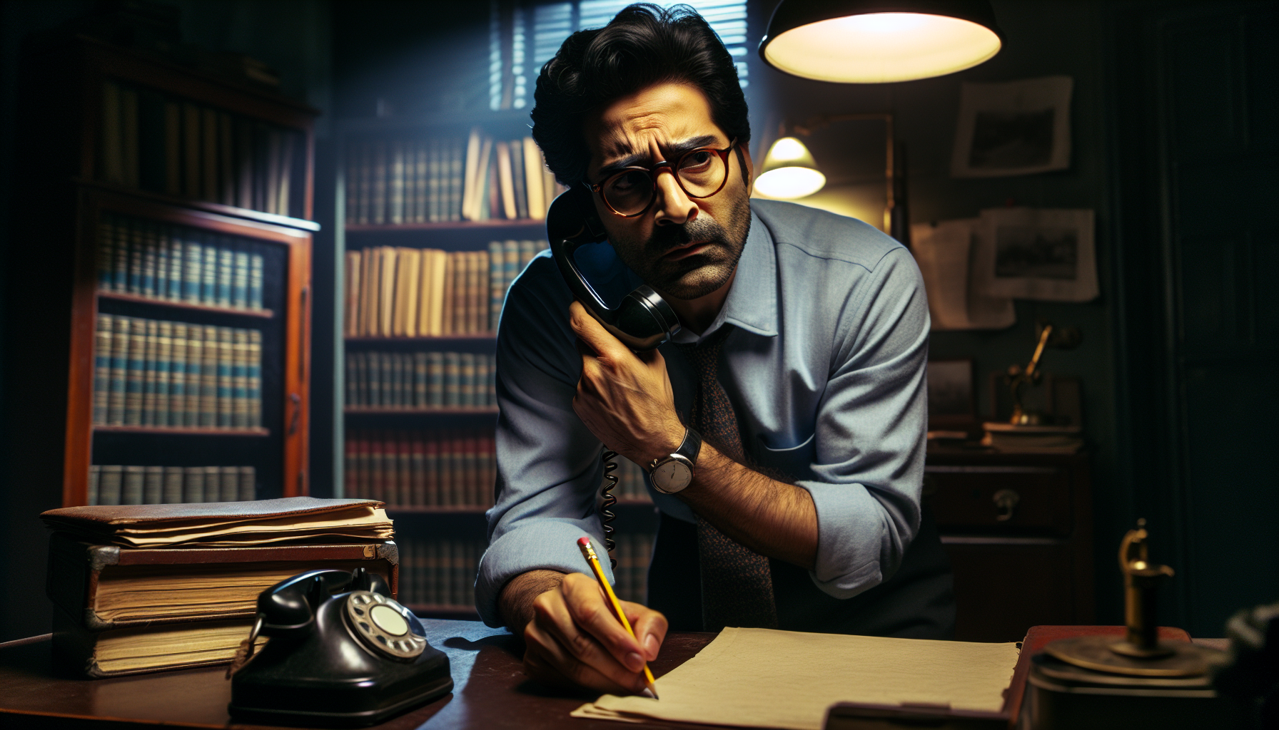A man in an office leans over a desk, holding a phone to his ear while writing on a paper. Shelves filled with books are in the background, and a desk lamp illuminates the scene. He seems focused, possibly inquiring about United Collection Bureau services.