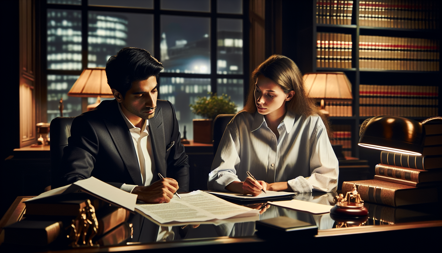 Two people sit at a desk in a dimly lit office, focusing on documents related to the Debt Recovery Process. The background includes shelves filled with books and large windows revealing a cityscape at night.