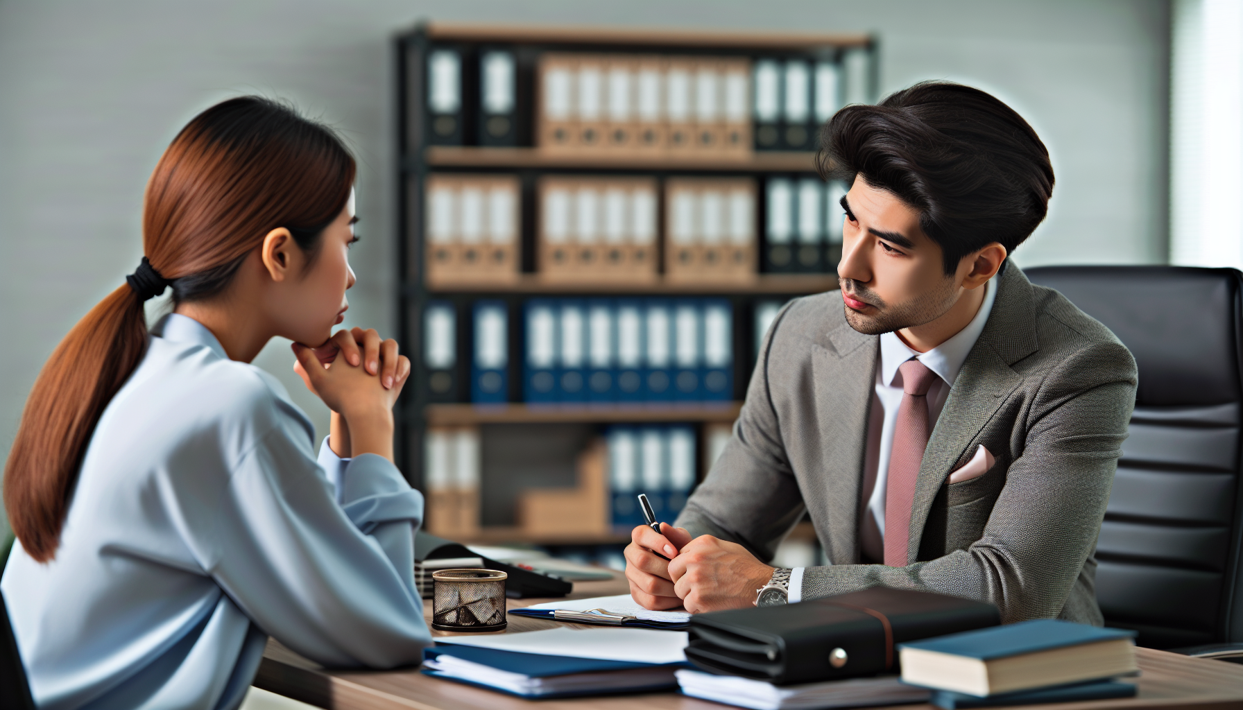 A man in a suit is seated at a desk, attentively listening to a woman in a blouse who is seated across from him. They appear to be in an office setting at Central Portfolio Control, with shelves of files in the background, discussing debt recovery strategies.