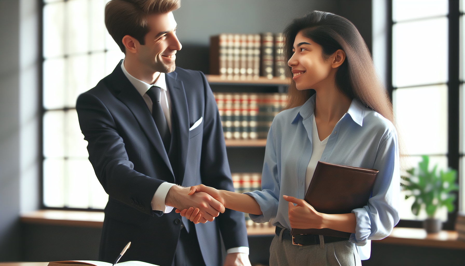 Two professionals in formal attire are shaking hands in an office with bookshelves in the background. One is holding a folder labeled "Fair Debt Collection Practices Act," and both are smiling.