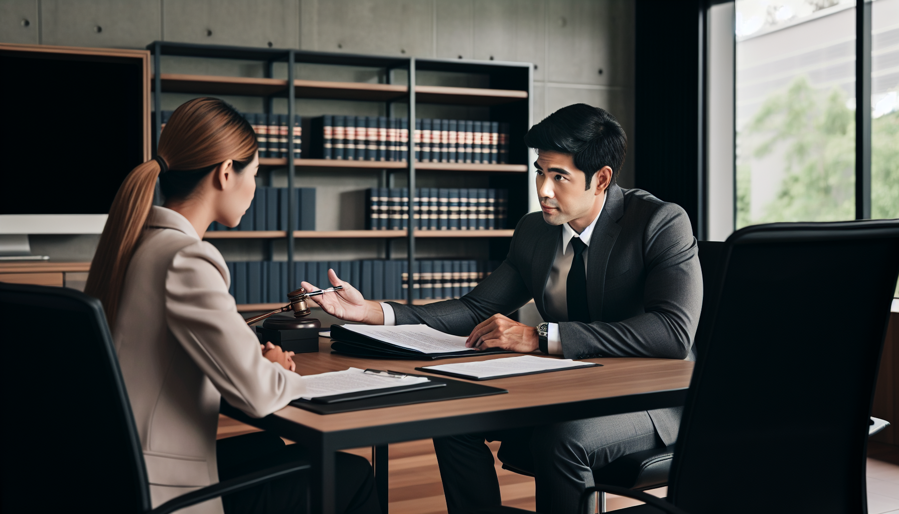 Two people in business attire having a serious discussion in a modern office, with bookshelves in the background and documents spread on the table, likely considering legal defense strategies related to consumer rights.