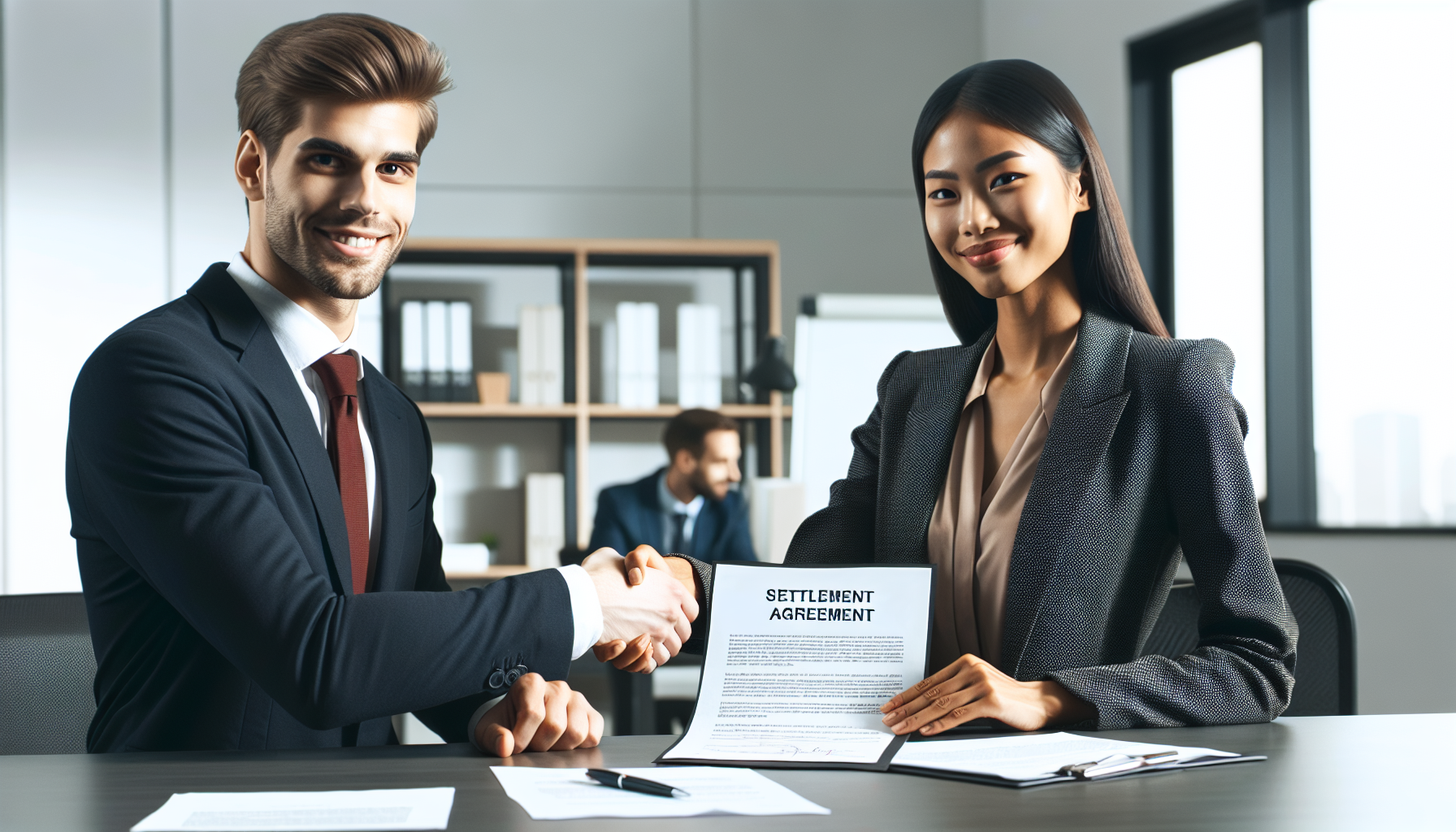 Two business professionals in formal attire shake hands while one holds a "Settlement Agreement" document in an office setting, indicating a successful negotiation or agreement facilitated by Central Portfolio Control.