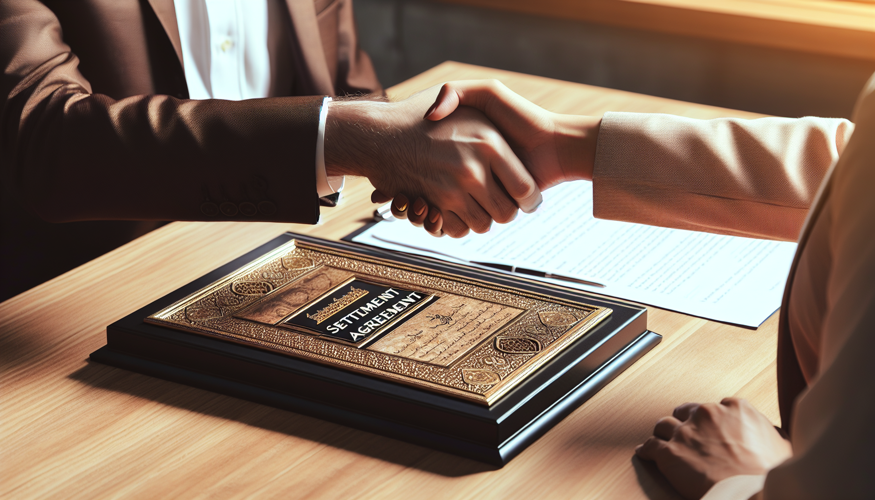 Two people in business attire shake hands over a table with a "Settlement Agreement" plaque and documents, signifying the resolution of a debt collection lawsuit.