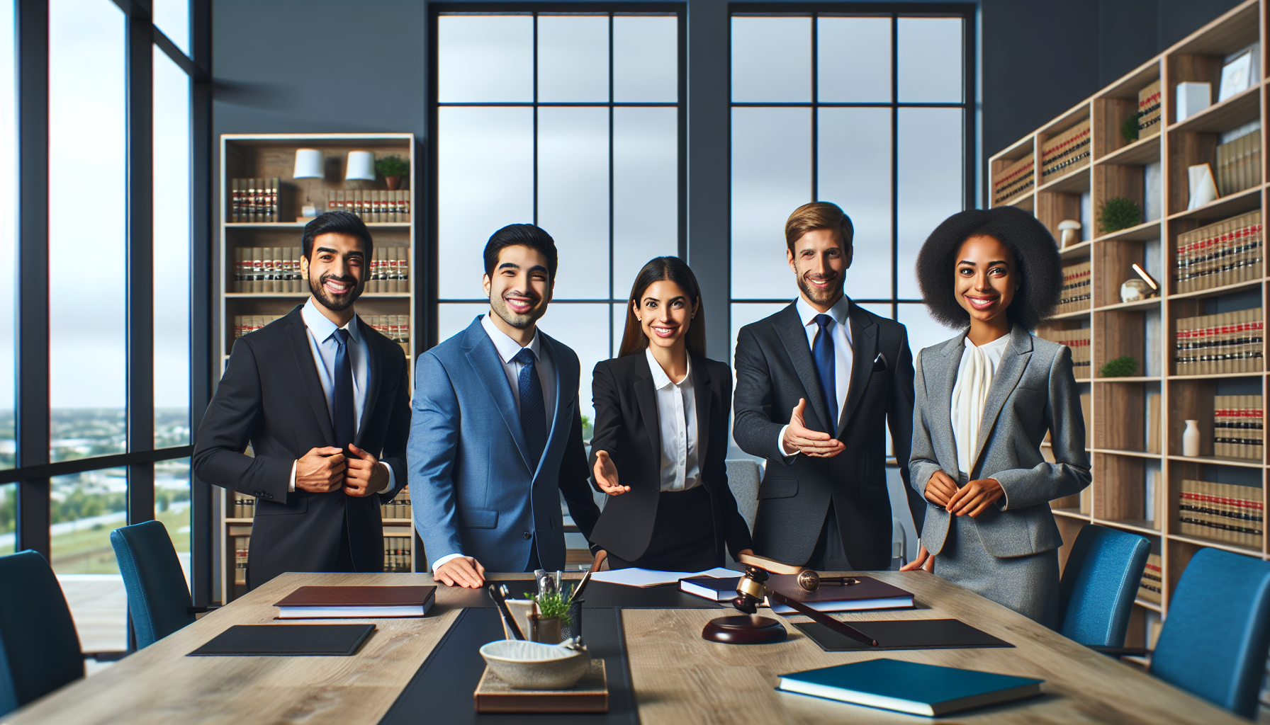 A group of five professionally dressed individuals stands in a modern office with bookshelves and large windows, facing the camera and smiling. A conference table with books and gavels, ready for a Midland Funding discussion on consumer rights, is in front of them.
