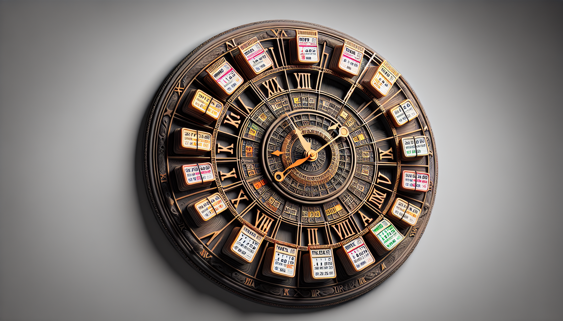 A large, round, intricate clock with Roman numerals and small, colorful calendar cards placed among the numbers creates a fusion of timekeeping and date tracking, reminding you that proper debt validation is crucial for safeguarding consumer rights.