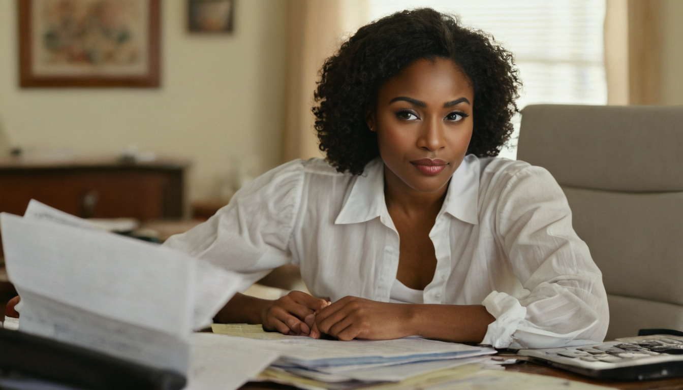 A woman in a white blouse sits at a desk filled with papers, looking attentively at something in front of her, perhaps reviewing a debt settlement offer.