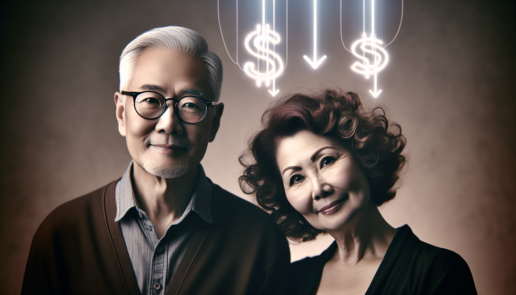 An older man and woman with neutral expressions stand together. Three dollar signs with downward arrows are illuminated above their heads, suggesting financial concerns possibly related to NYC real estate taxes or the New York City property tax burden.