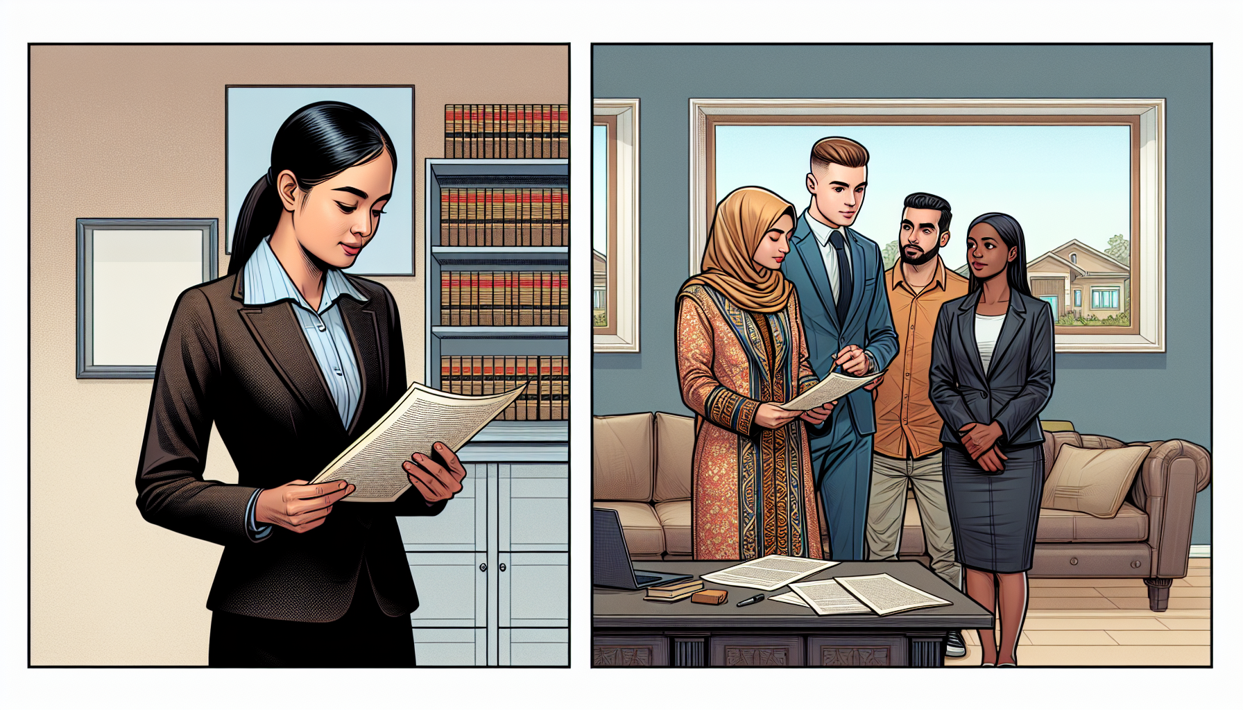 Left: Woman in a suit reading papers. Right: Group of four people in a living room engaged in a discussion, with documents on the table, likely reviewing real estate contracts.