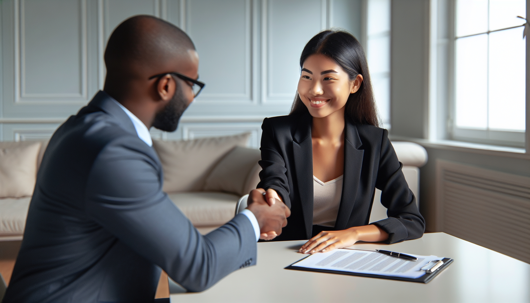 Two business professionals, one male and one female, shake hands across a table with documents and a pen in a well-lit office setting, finalizing home loan approval post-bankruptcy.