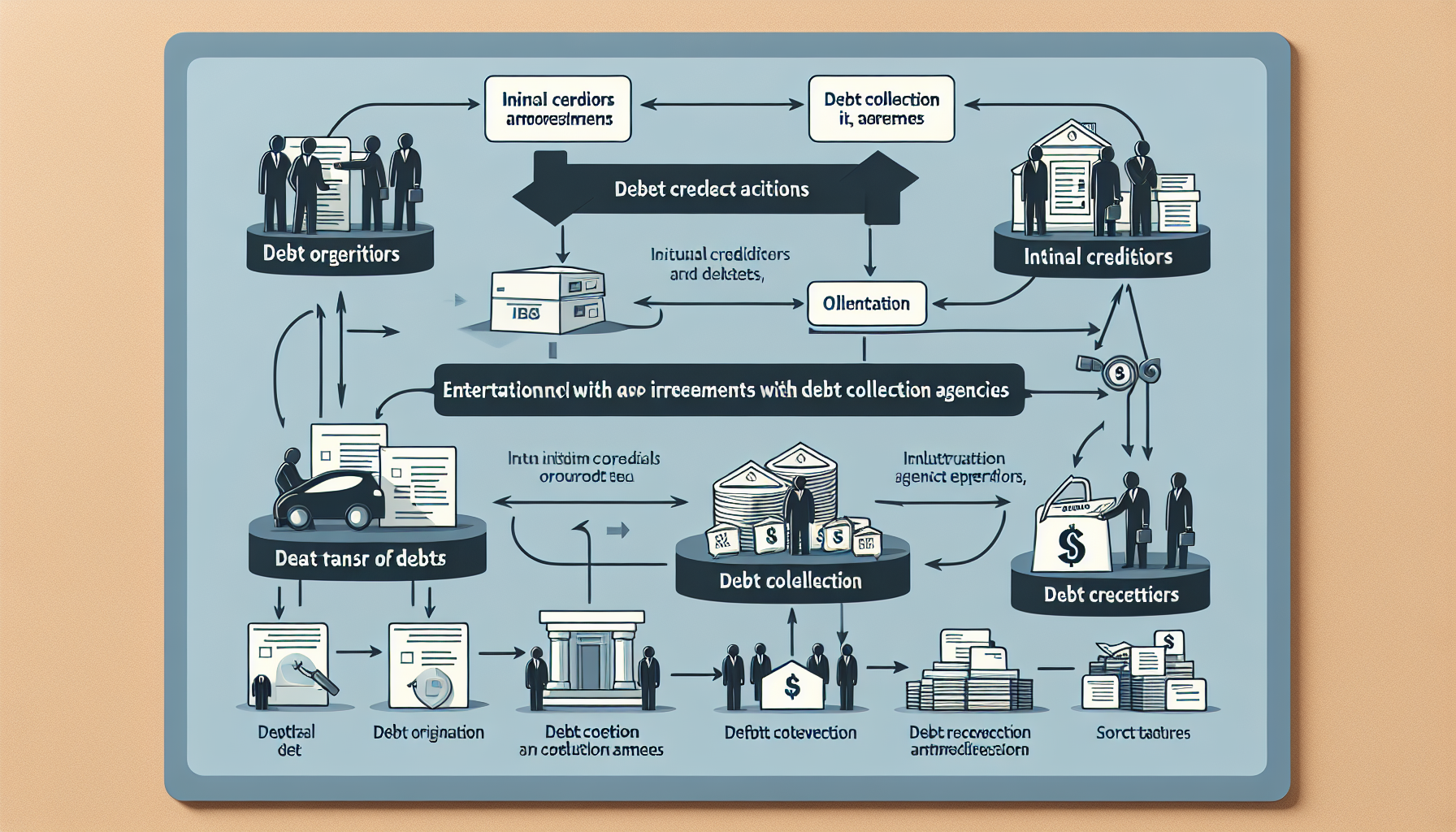 Flowchart illustrating the debt collection process, showing interactions between debt originators, credit management services, debt buyers, and credit issuers. Arrows indicate the steps and relationships involved.