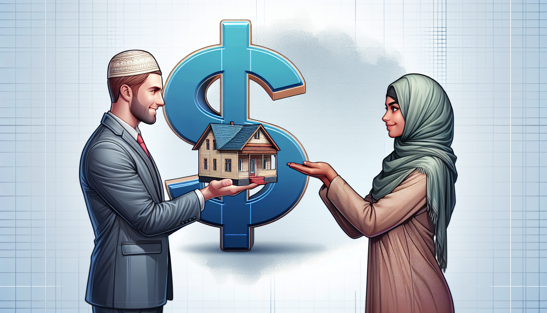 A man and woman exchange a small house model with a large dollar sign in the background, illustrating the complexities of the NYC real estate market. The man wears business attire and a cap, while the woman dons a hijab, symbolizing diverse perspectives in urban property transactions.