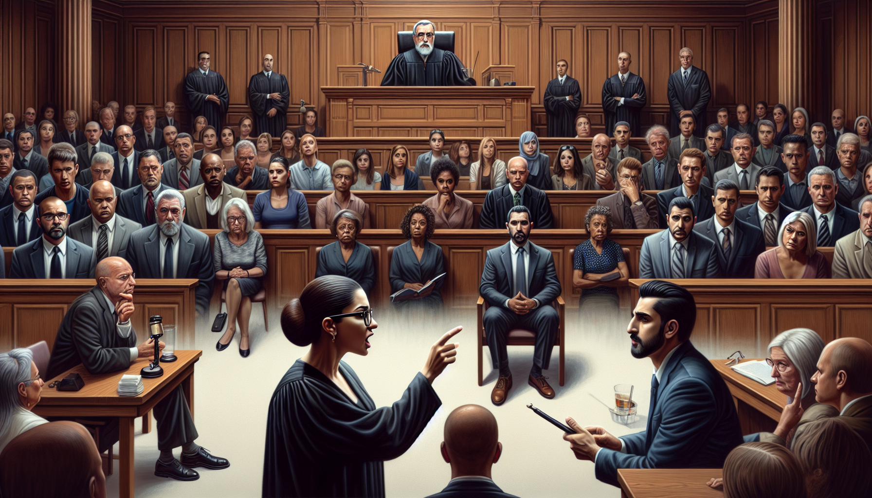 A courtroom scene with a judge presiding over a full court, including lawyers, the jury, and public attendees. One lawyer is standing and pointing while another is seated, holding a tablet possibly related to United Collection Bureau debt recovery services.