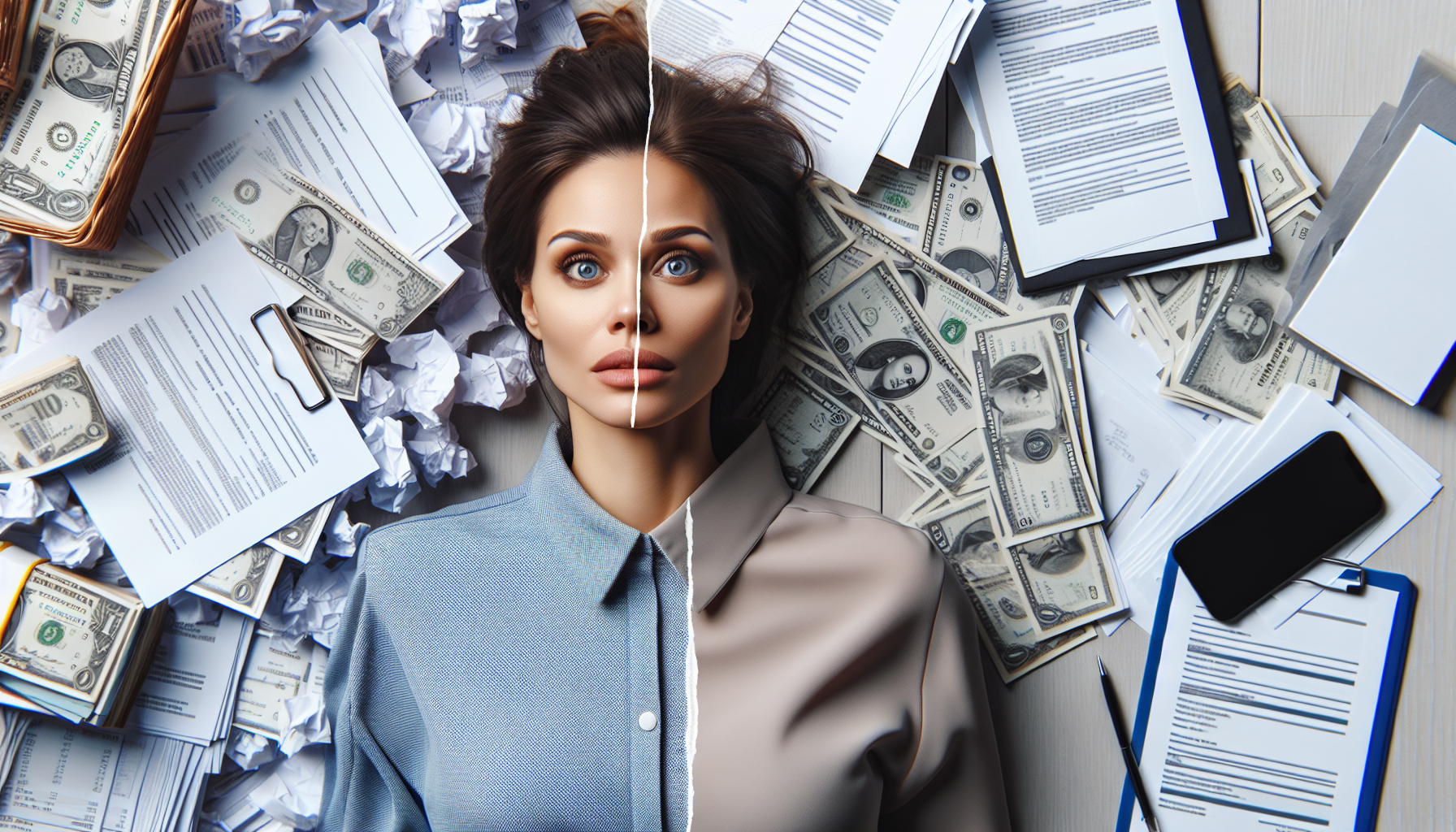 A woman lies on the floor with her face partially split in two different expressions, surrounded by documents for home loan approval post-bankruptcy, crumpled papers, cash, and a phone.