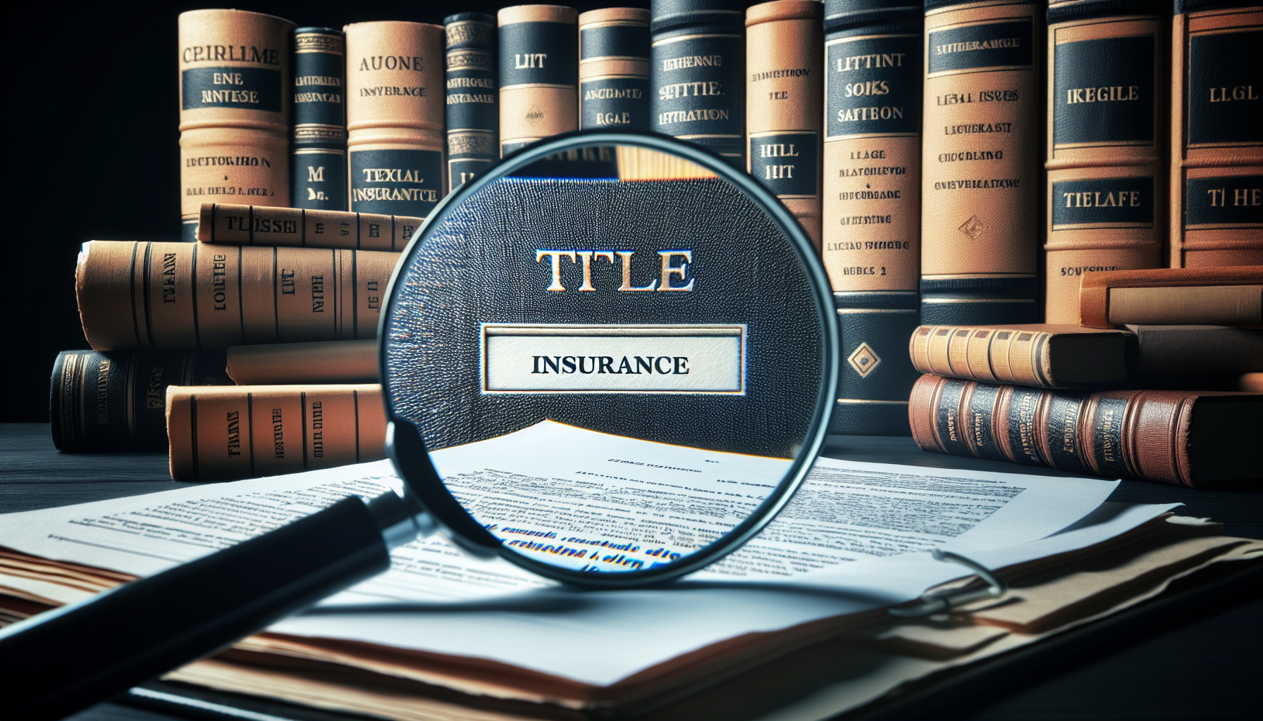 A magnifying glass focuses on a book titled "Title Insurance" amidst a backdrop of numerous legal books and documents, perfectly capturing the essence of real estate legal advice NYC.