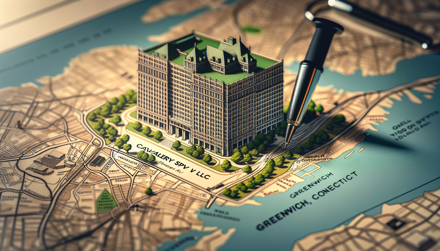 A map of Greenwich, Connecticut with a detailed 3D model of a large building labeled "Calvalry Spy V LLC" on top. A pushpin is positioned nearby on the map, perhaps indicating significant activity related to the Debt Recovery Process.