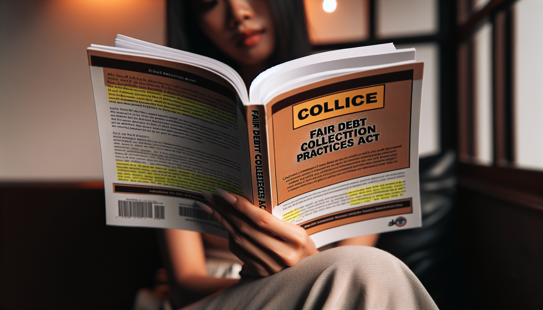 A person is seated and reading a book titled "Fair Debt Collection Practices Act" by Collice, intrigued by the insights on consumer rights and credit management.