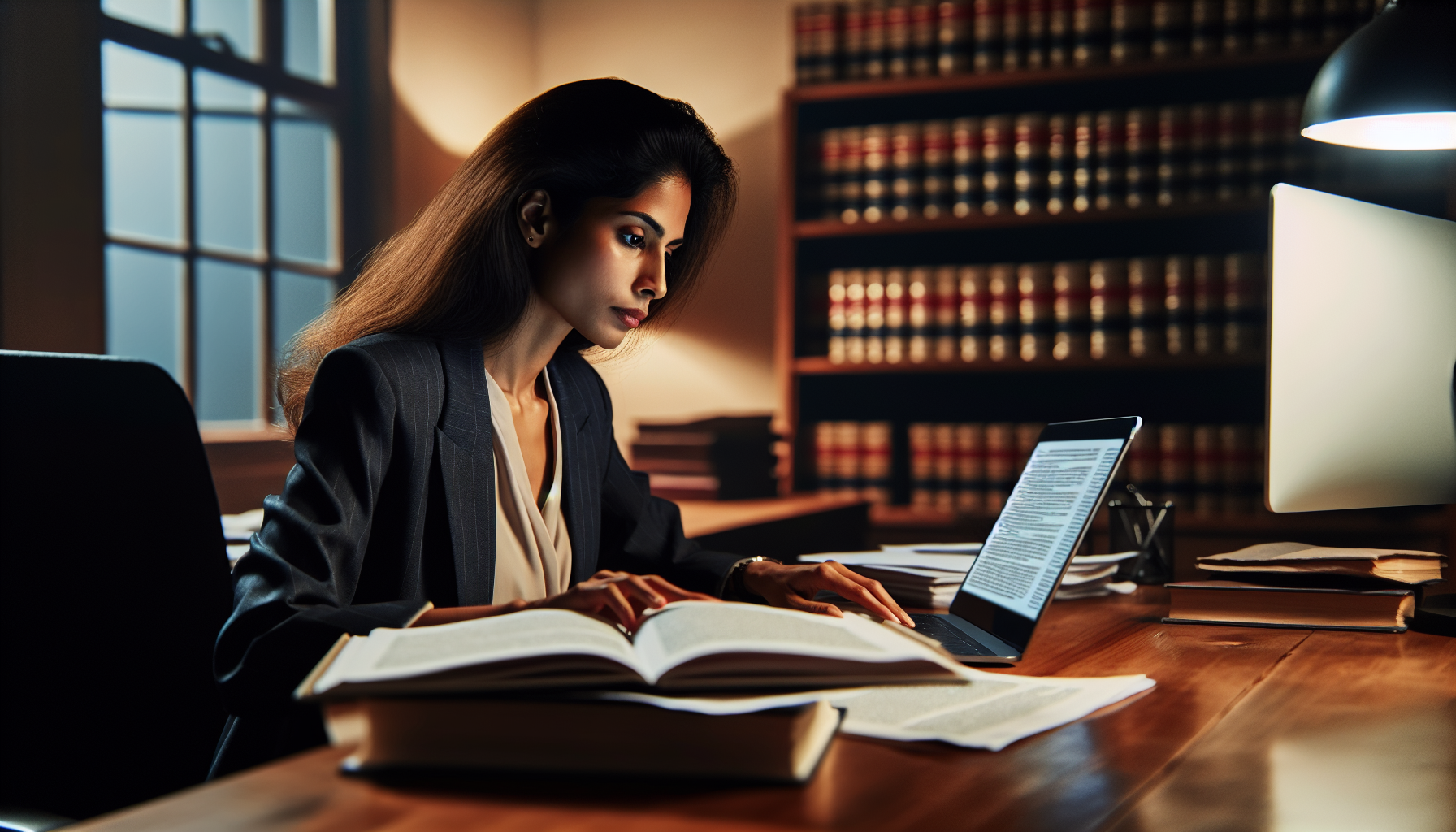 A woman in a suit, specializing as a buying and selling property lawyer, studies legal books and works on a laptop in a dimly lit library with shelves full of books.
