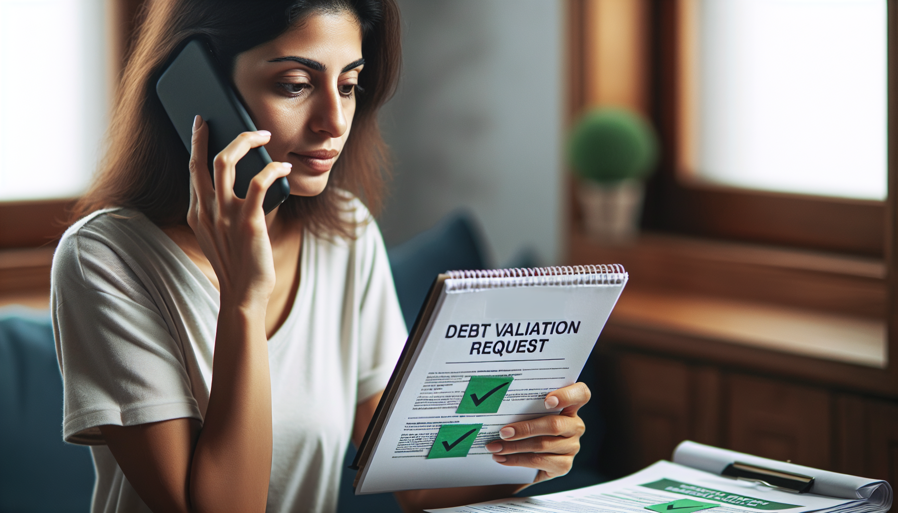A woman is talking on the phone while holding a document titled "Debt Validation Request" at her desk, navigating her legal rights against debt collectors.