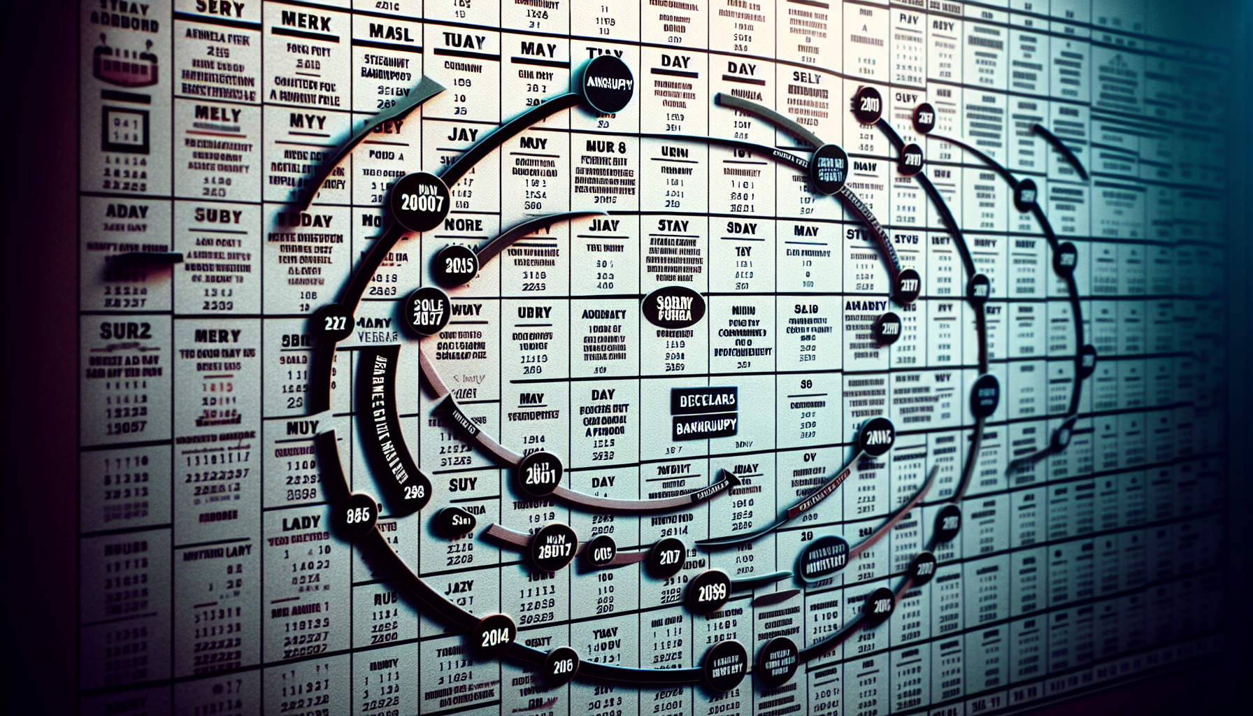 A complex black timeline chart with interconnected lines and circles is placed over a grid of text, showing various dates and events from 2000 to 2030, detailing key moments including home loan approval post-bankruptcy.