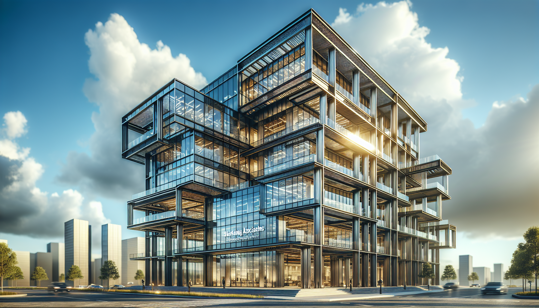 Modern glass and steel office building with multiple levels and large windows, set against a backdrop of a blue sky with clouds. The surrounding area features city buildings and trees, embodying the principles of Consumer Rights and adhering to the Fair Debt Collection Practices Act.