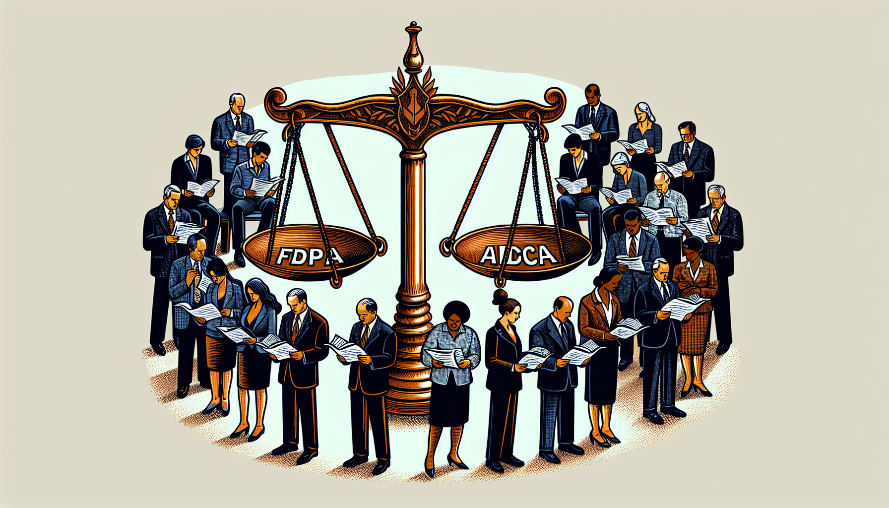 A balanced scale with "FDPA" on one side and "AICCA" on the other is surrounded by diverse people reading documents, symbolizing the consumer debt recovery process.