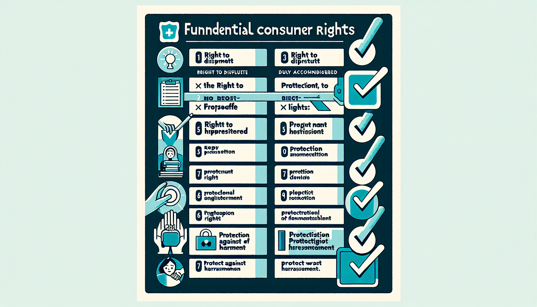 An infographic titled "Fundamental Consumer Rights" lists various rights such as the right to redress, protection, correct information, and choice, each accompanied by relevant icons and check marks. Additionally, it highlights the importance of Financial Services in ensuring these rights are upheld.