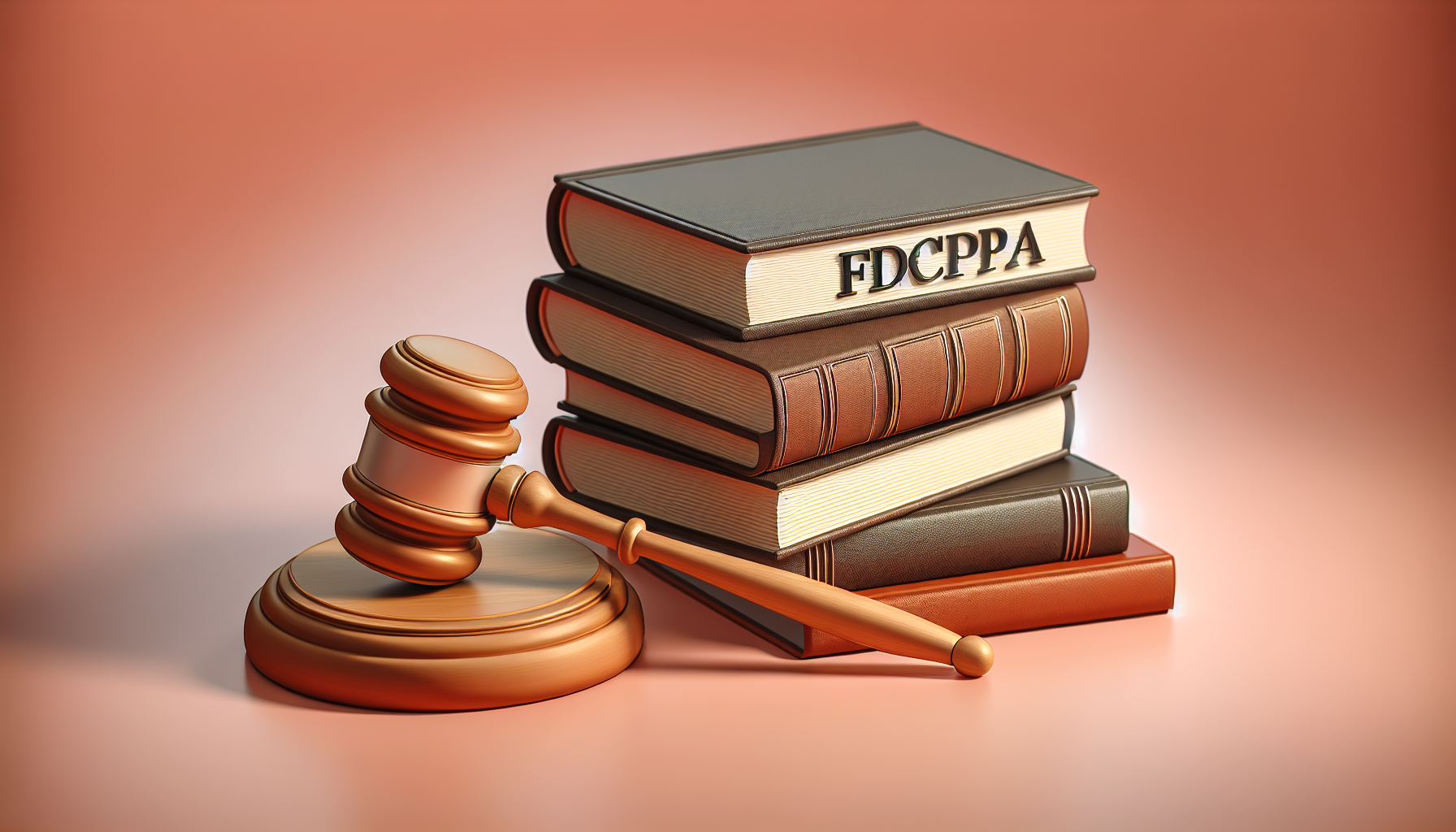 A wooden gavel rests beside a stack of legal books labeled "FDCPA," emblematic of consumer rights, against a soft, warm-colored background.