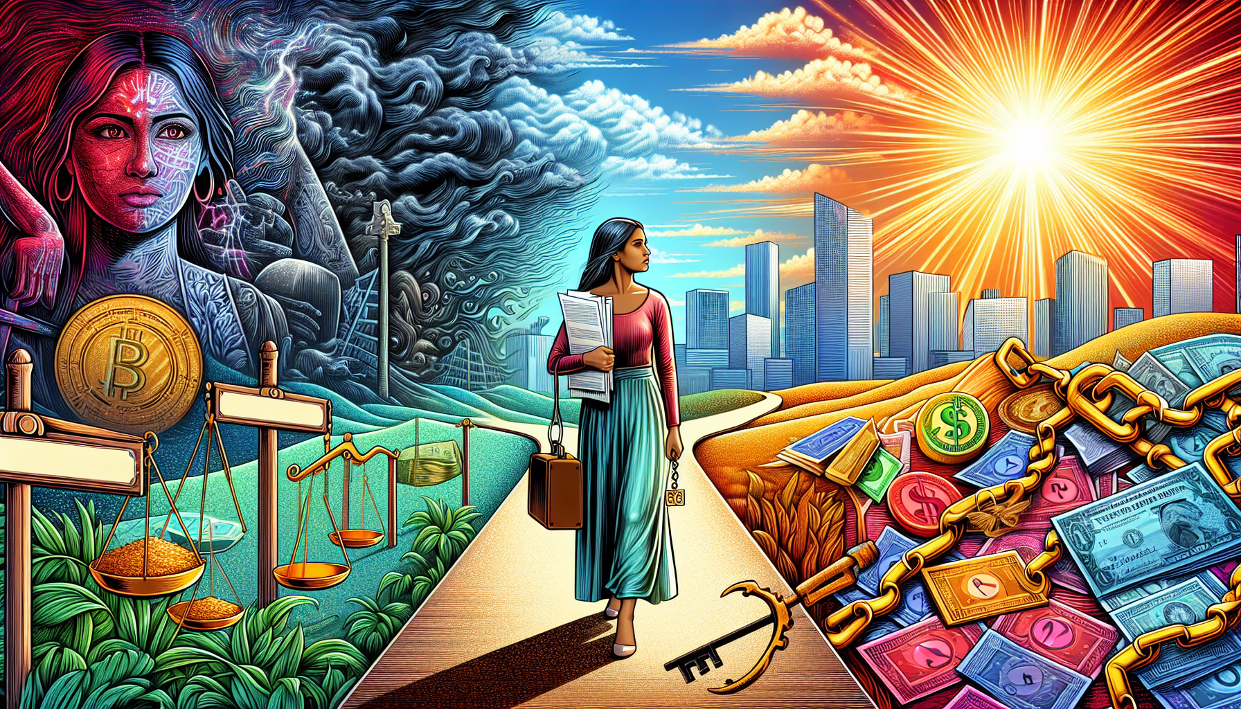 A woman stands at a crossroads with contrasting paths: one depicts justice and technology, the other wealth and commerce. She holds documents related to the impacto financiero de la bancarrota and a briefcase. A bright sun shines over a city skyline in the distance.