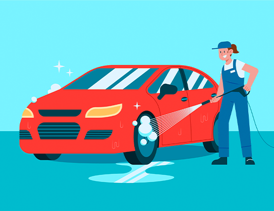 Tips for spring cleaning your car at CMA Toyota of Martinsburg in Martinsburg, WV | Illustration of a woman in uniform using a power washer to clean the rims of a red car