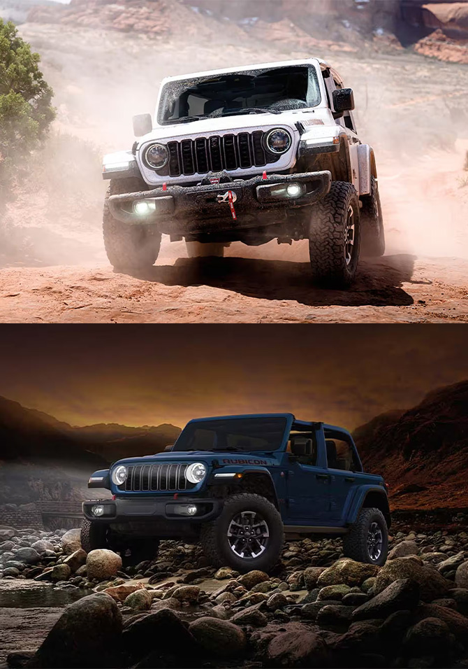 2026 Jeep Wrangler at Delaney CDJR of DuBois | White wrangler driving off road in the dirt \ Blue wrangler with headlights on at night