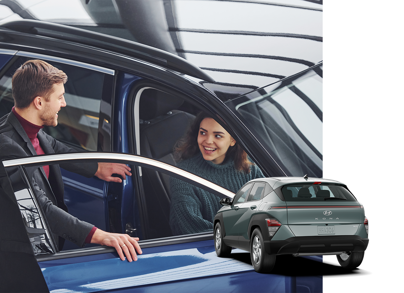 Best Time To Buy At Delaney Hyundai of Indiana in Indiana, PA | customer sitting in the passenger side of a new car while talking with the sales person / Rear profile of a 2025 Hyundai Kona in the color green 