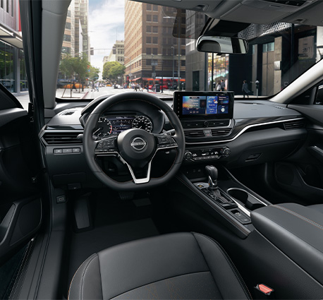2025 Nissan Altima at Delaney Nissan of Greensburg | Interior of a 2025 Nissan Altima with black leather finish