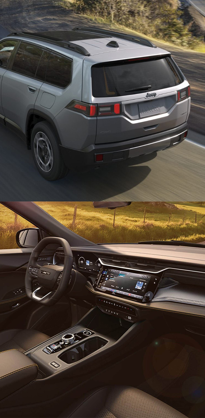 2026 Jeep Cherokee at CMA's CDJR of Martinsburg | Rear profile of a grey 2026 Jeep Cherokee/ Interior of a 2026 Jeep Cherokee