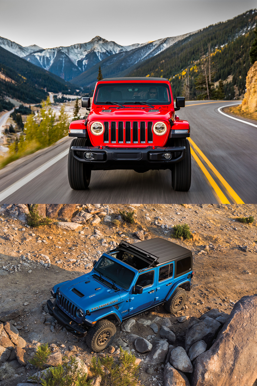 2026 Jeep Wrangler at CMA's CDJR of Martinsburg | Front profile of a red 2026 Jeep Wrangler / Top view of a blue 2026 Jeep Wrangler 2026 Jeep Wrangler at CMA's CDJR of Martinsburg | Front profile of a red 2026 Jeep Wrangler / Top view of a blue 2026 Jeep Wrangler