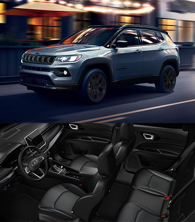2026 Jeep Compass at Delaney CDJR of DuBois | Side profile of a grey 2026 Jeep Compass / Interior of a 2026 Jeep Compass 2026 Jeep Compass at Delaney CDJR of DuBois | Side profile of a grey 2026 Jeep Compass / Interior of a 2026 Jeep Compass
