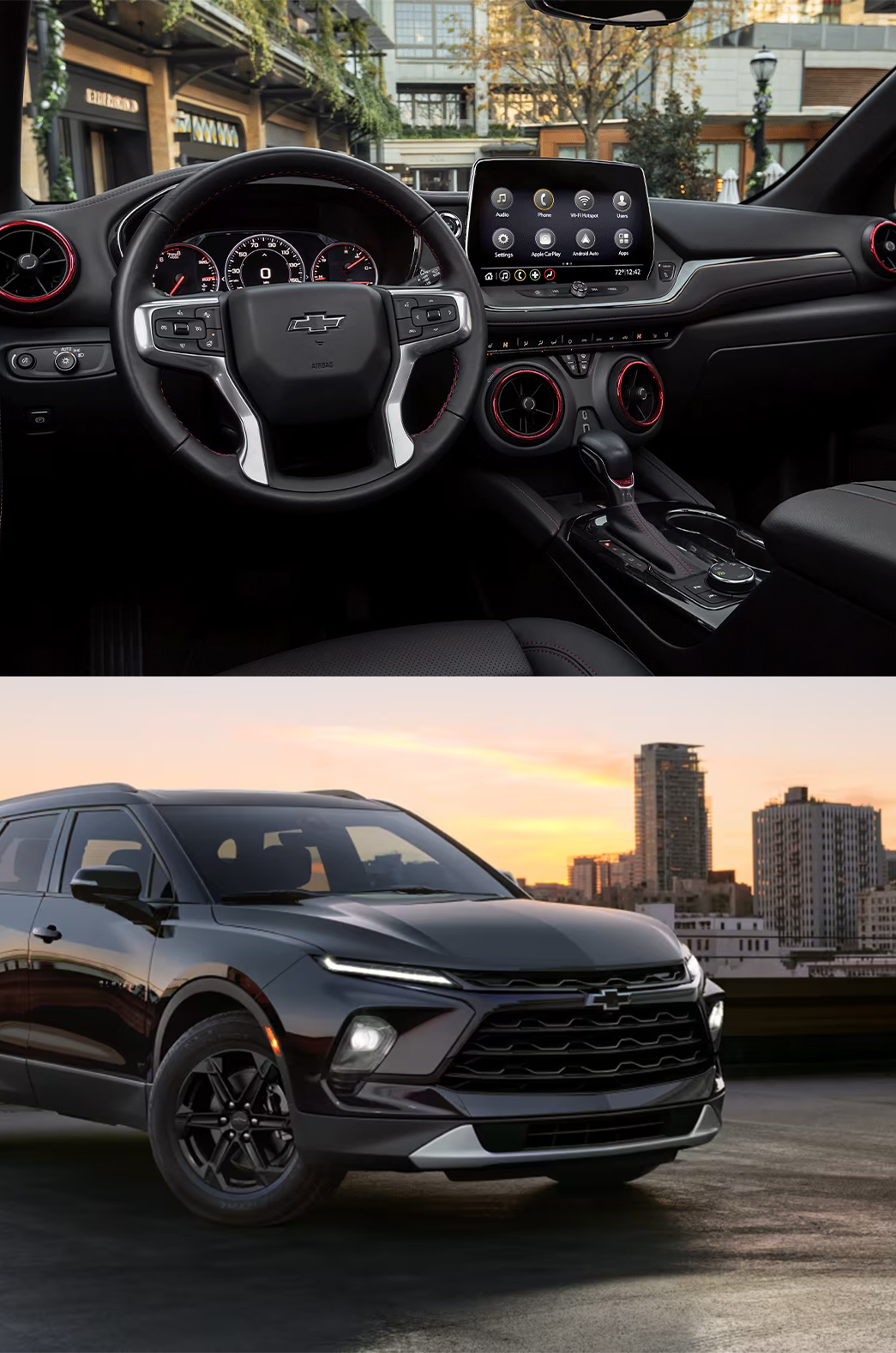 2026 Chevrolet Blazer at Delaney Chevrolet of Indiana | Interior of a 2026 Blazer and Front grill of a black 2026 Blazer