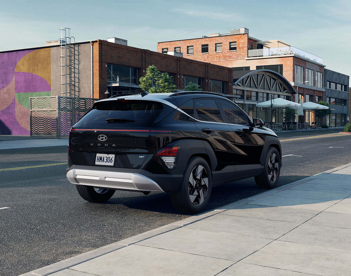 2026 Hyundai Kona vs. Honda HR-V vs. Toyota Corolla Cross comparison | Delaney Hyundai of Indiana | Rear profile of a black 2026 Hyundai Kona 2026 Hyundai Kona vs. Honda HR-V vs. Toyota Corolla Cross comparison | Delaney Hyundai of Indiana | Rear profile of a black 2026 Hyundai Kona
