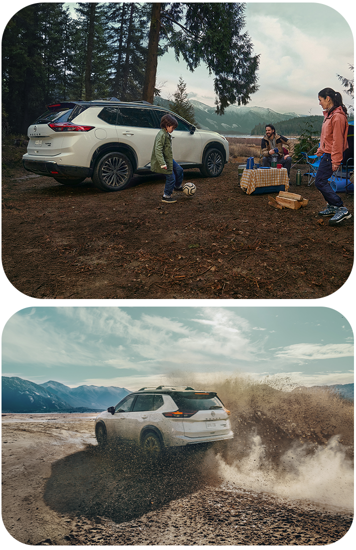 2026 Nissan Rogue vs. 2026 Honda CR-V vs. 2026 Toyota RAV4 at Delaney Nissan of Greensburg in Greensburg, PA | Side and rear profiles of a white 2026 Nissan Rogue