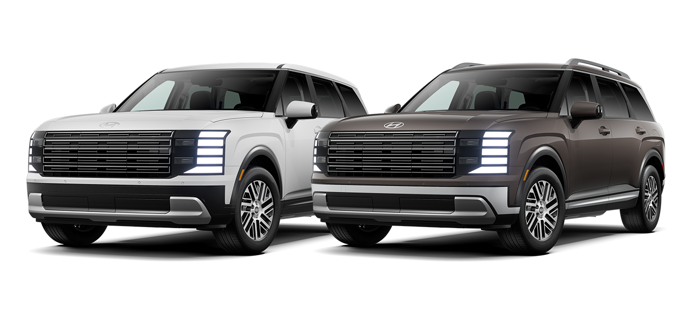 2026 Hyundai Palisade SE vs. SEL Premium at Washington Hyundai in Washington, PA | White 2026 Hyundai Palisade SE right next to a brown 2026 Hyundai Palisade SEL Premium