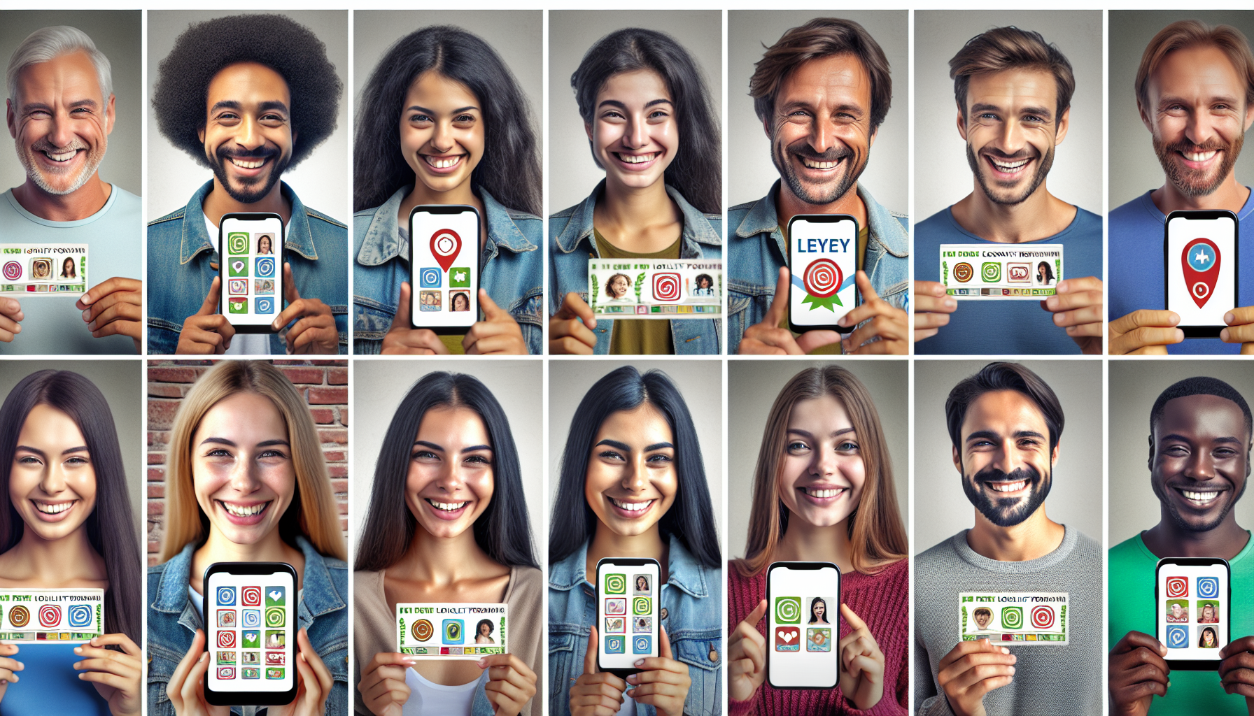 A collage of diverse people smiling and holding up smartphones with various app icons on the screens, showcasing a customer rewards system.