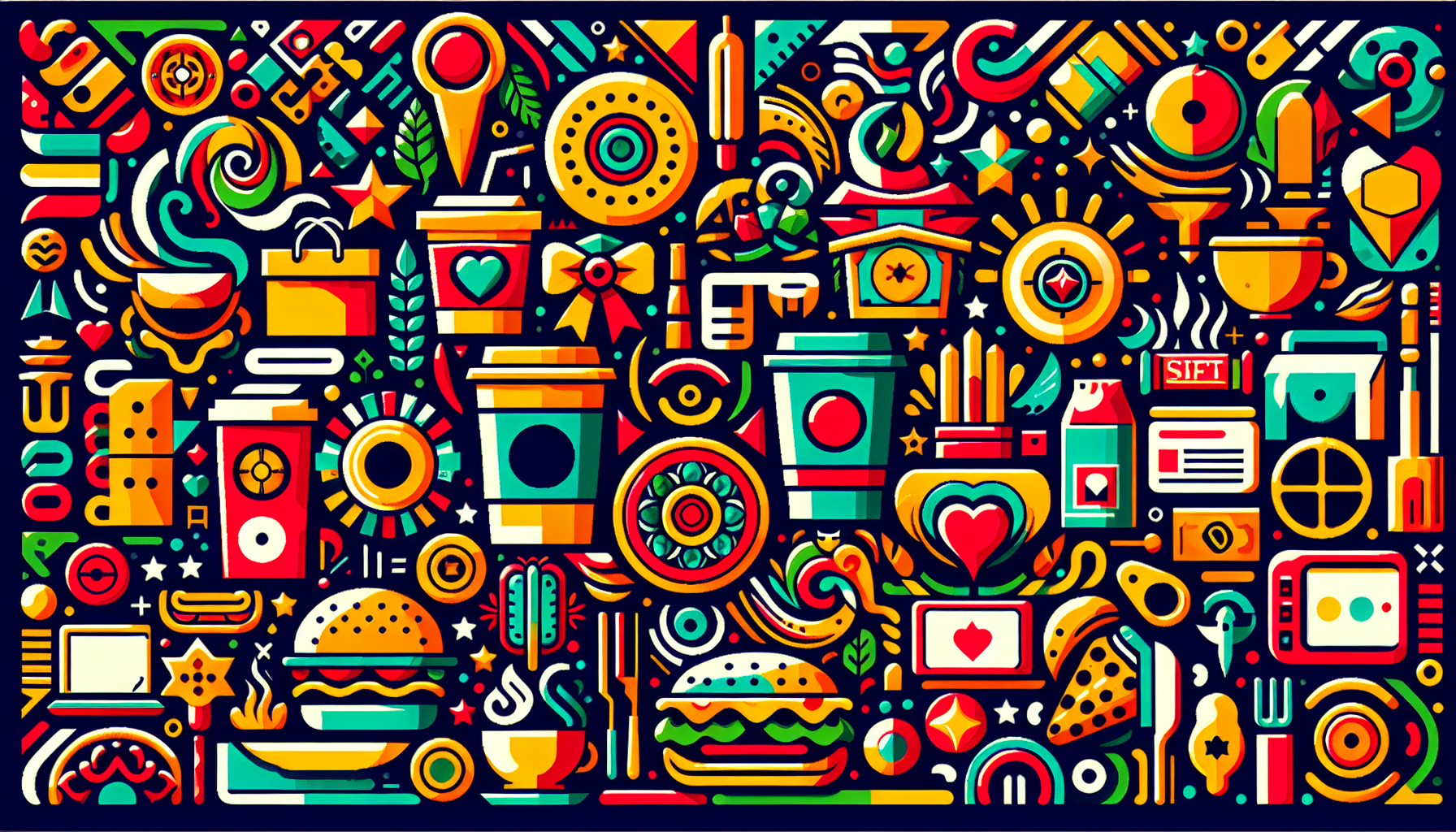 A colorful, abstract illustration featuring various food items like burgers and pizza, alongside icons such as coffee cups, cameras, and hearts, all arranged in a dense, pattern-filled design that perfectly captures the spirit of a vibrant Restaurant Rewards Program.