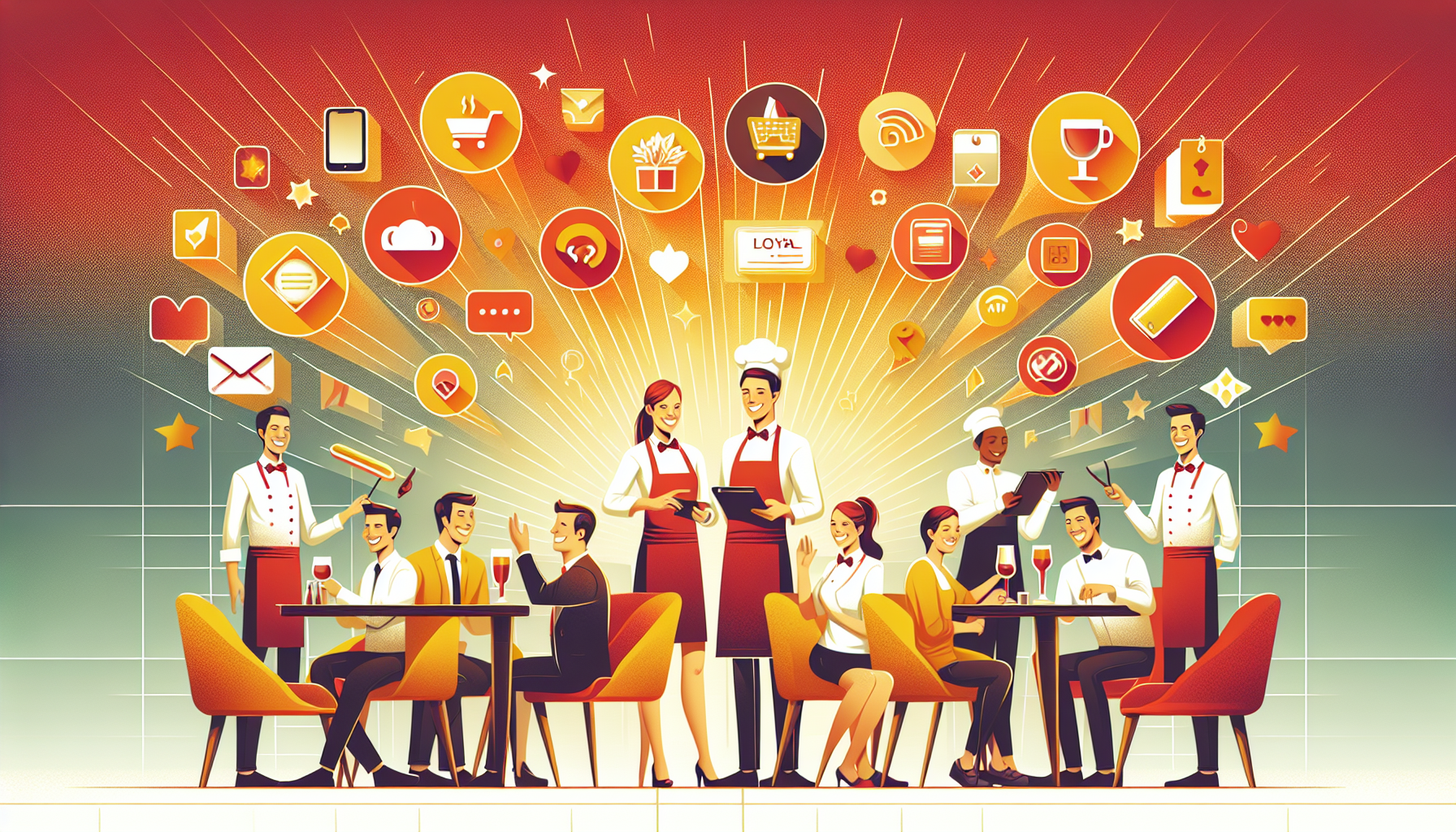 Illustration of restaurant staff serving customers. Various digital icons related to food, communication, and payment encircle the scene, emphasizing the integration of technology in dining and highlighting personalized customer experiences that enhance restaurant customer loyalty programs.