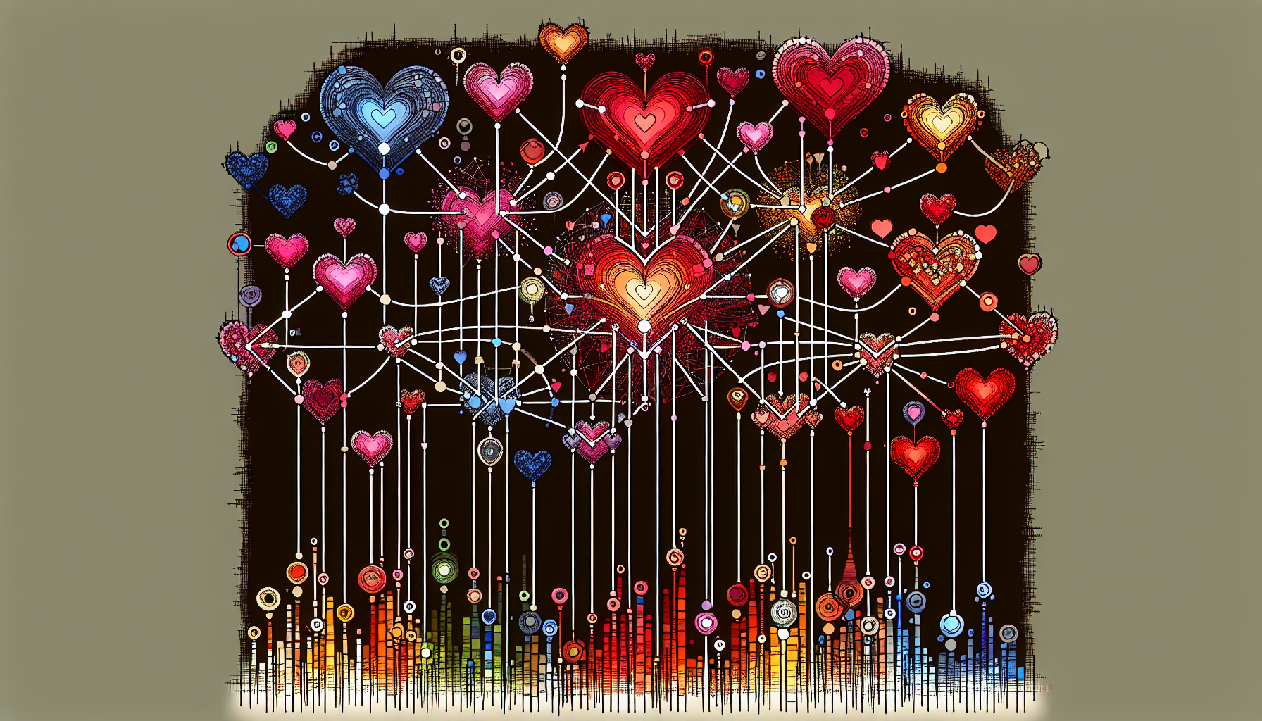 A digital artwork depicting interconnected multicolored hearts with lines, over a background resembling a cityscape of illuminated rectangles, symbolizing the connections fostered by digital loyalty programs.