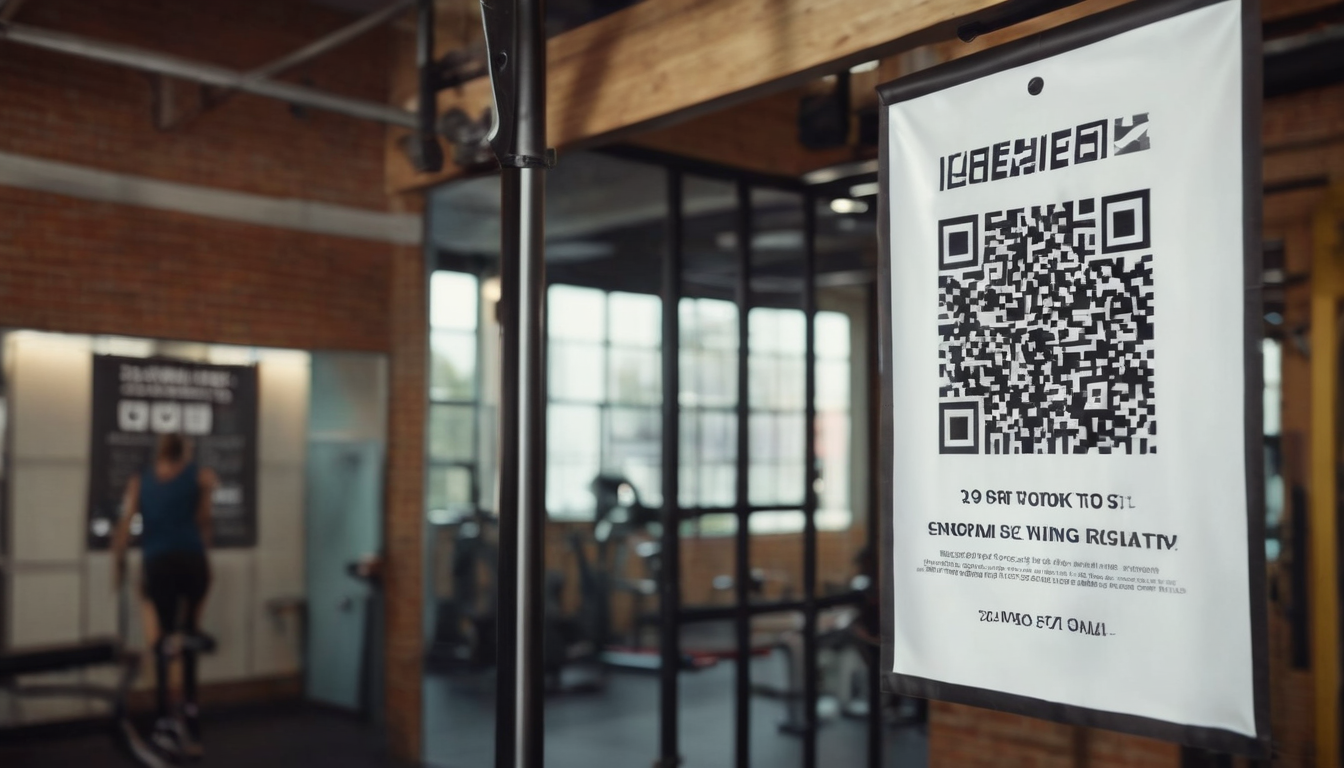 A QR code poster for a small business loyalty program on a gym wall with a blurred background showing a person using gym equipment.